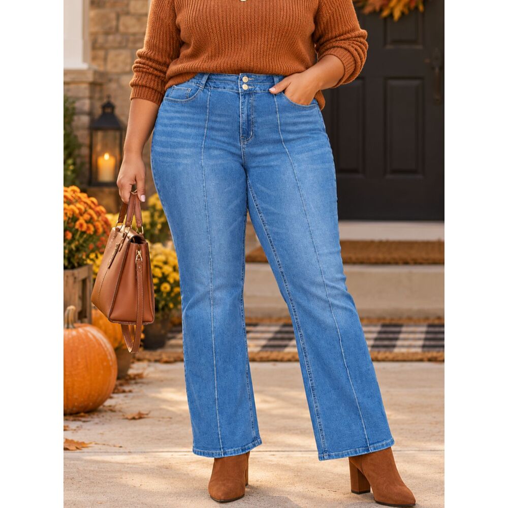 Ashley Stewart Size 16 Bootcut Jeans Blue Wash Double Button Front Seam Detail